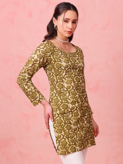 Mehendi Green Indigo Print Straight Cotton Stitched Kurti