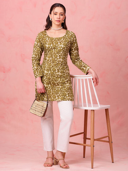 Mehendi Green Indigo Print Straight Cotton Stitched Kurti