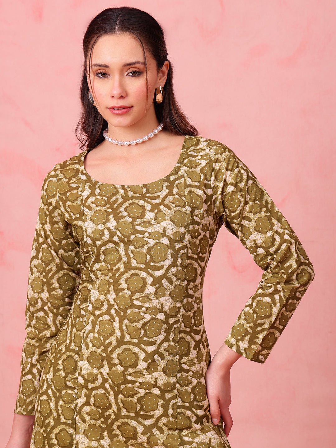 Mehendi Green Indigo Print Straight Cotton Stitched Kurti