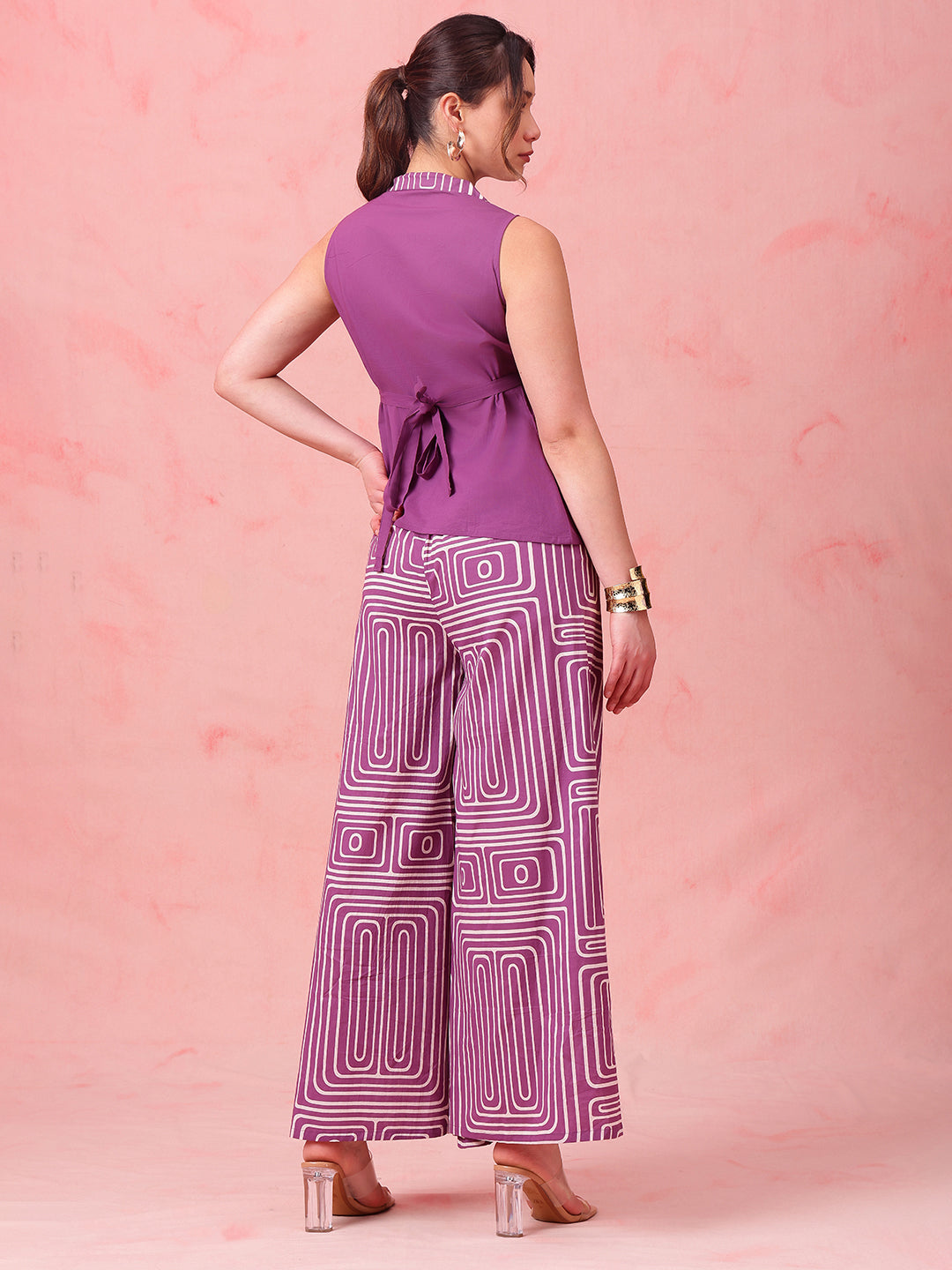Purple Striped Straight Cotton Stitched Co-Ord Set
