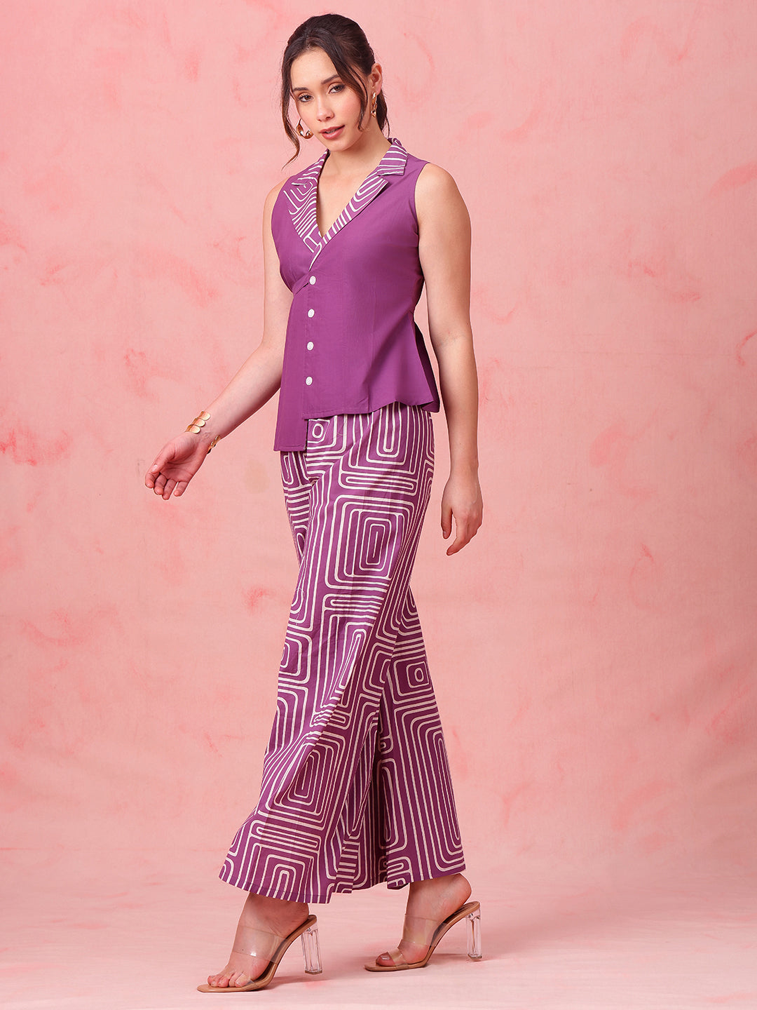 Purple Striped Straight Cotton Stitched Co-Ord Set