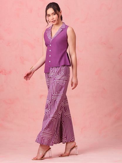 Purple Striped Straight Cotton Stitched Co-Ord Set