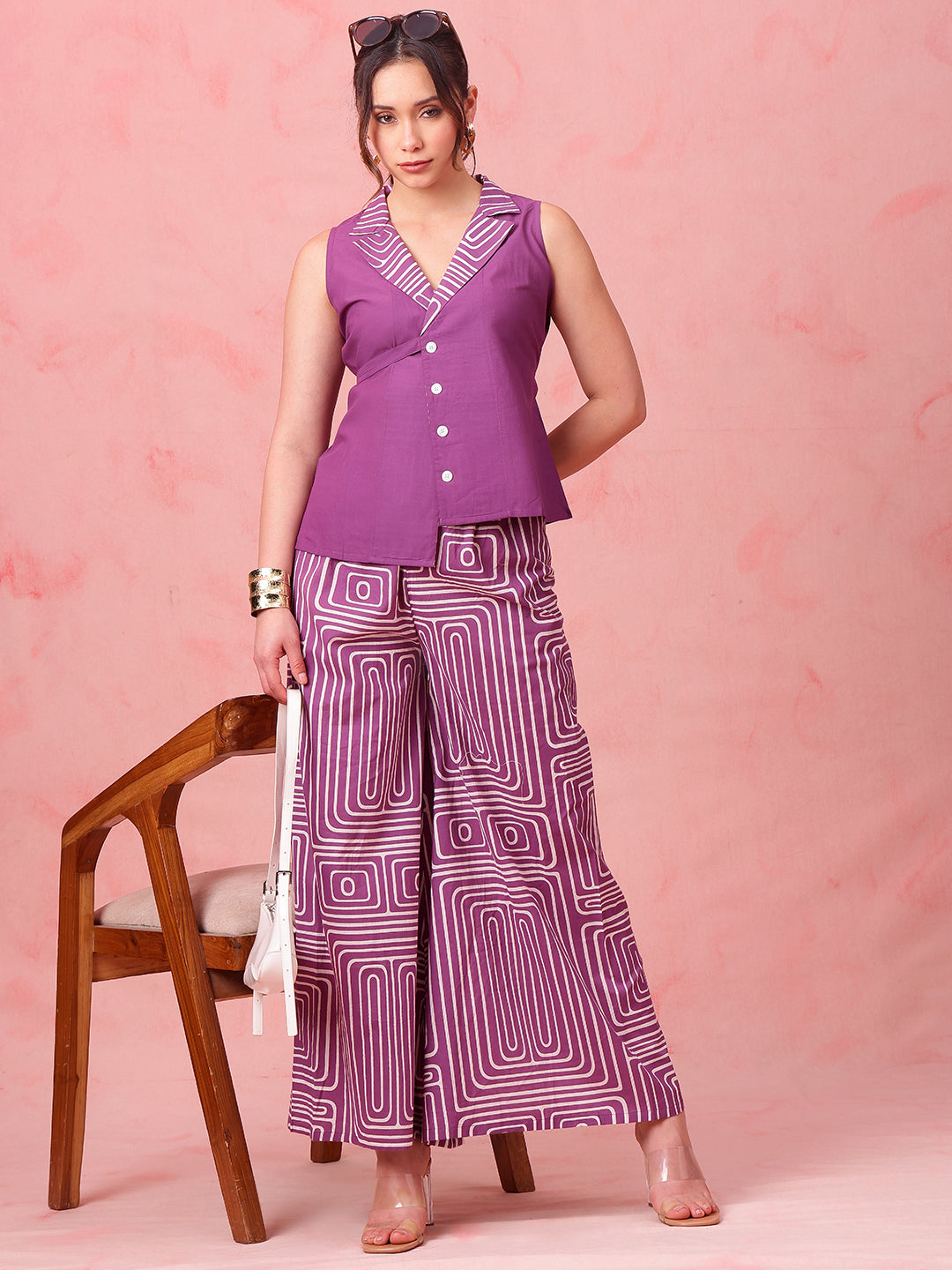 Purple Striped Straight Cotton Stitched Co-Ord Set