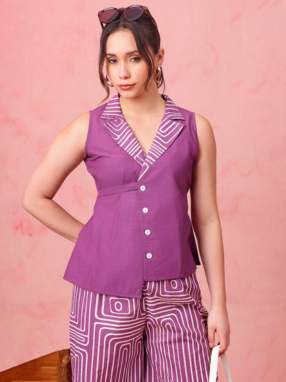 Purple Striped Straight Cotton Stitched Co-Ord Set