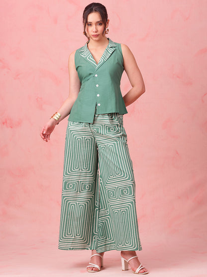 Green Striped Straight Cotton Stitched Co-Ord Set