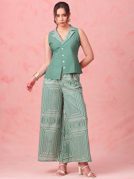 Green Striped Straight Cotton Stitched Co-Ord Set