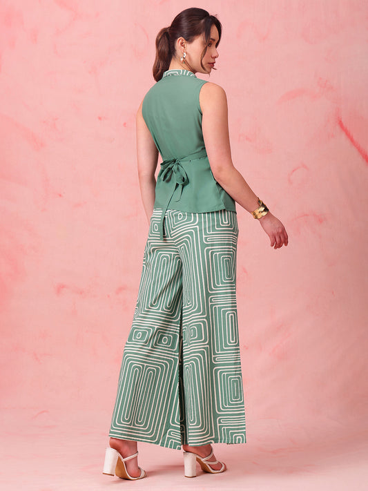 Green Striped Straight Cotton Stitched Co-Ord Set