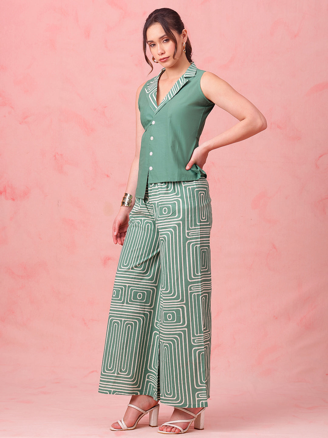 Green Striped Straight Cotton Stitched Co-Ord Set