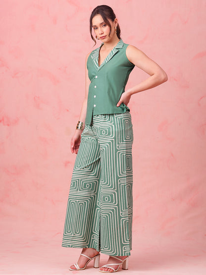 Green Striped Straight Cotton Stitched Co-Ord Set