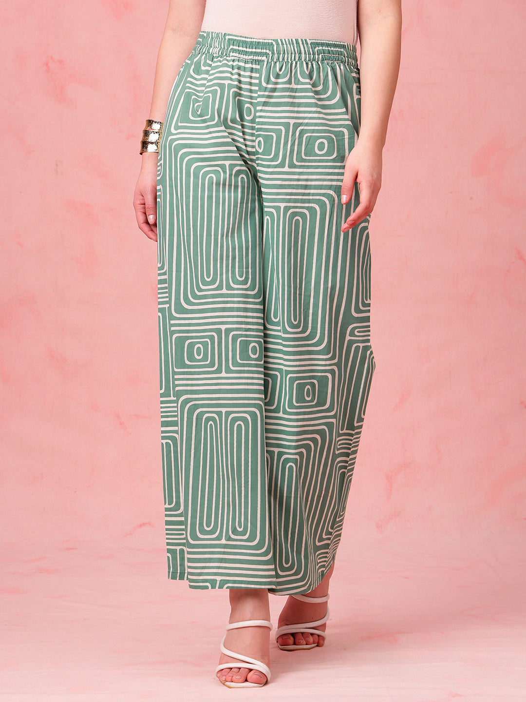 Green Striped Straight Cotton Stitched Co-Ord Set