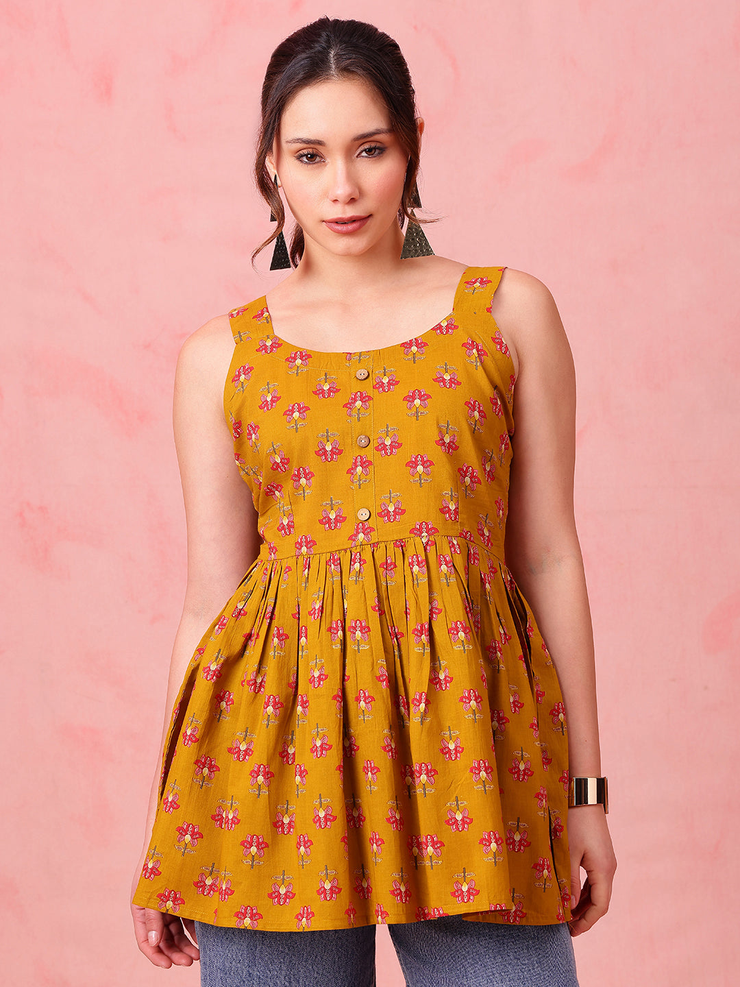 Mustard Floral Fit & Flare Cotton Stitched Tunic