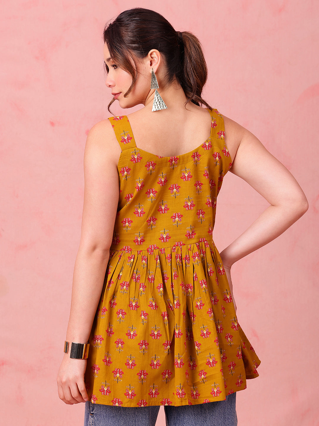 Mustard Floral Fit & Flare Cotton Stitched Tunic
