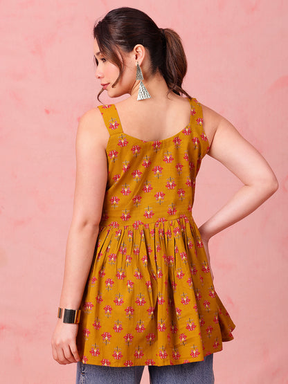 Mustard Floral Fit & Flare Cotton Stitched Tunic