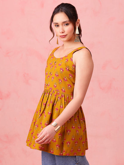 Mustard Floral Fit & Flare Cotton Stitched Tunic