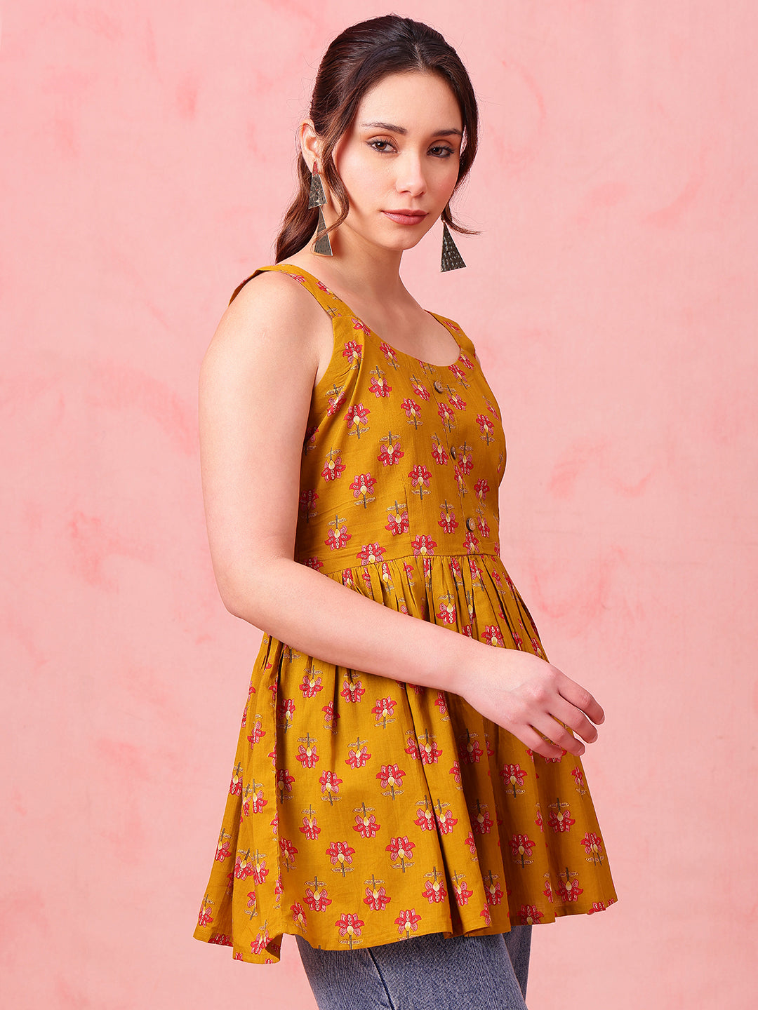 Mustard Floral Fit & Flare Cotton Stitched Tunic