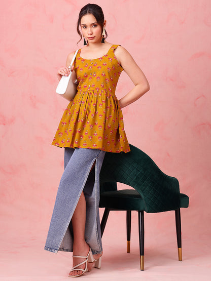 Mustard Floral Fit & Flare Cotton Stitched Tunic