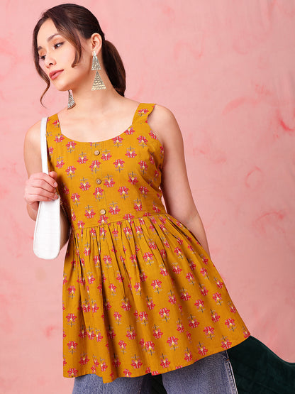 Mustard Floral Fit & Flare Cotton Stitched Tunic