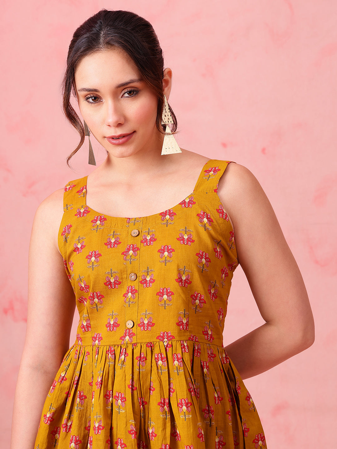 Mustard Floral Fit & Flare Cotton Stitched Tunic