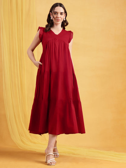 Red Solid Anarakali Cotton Stitched Dress