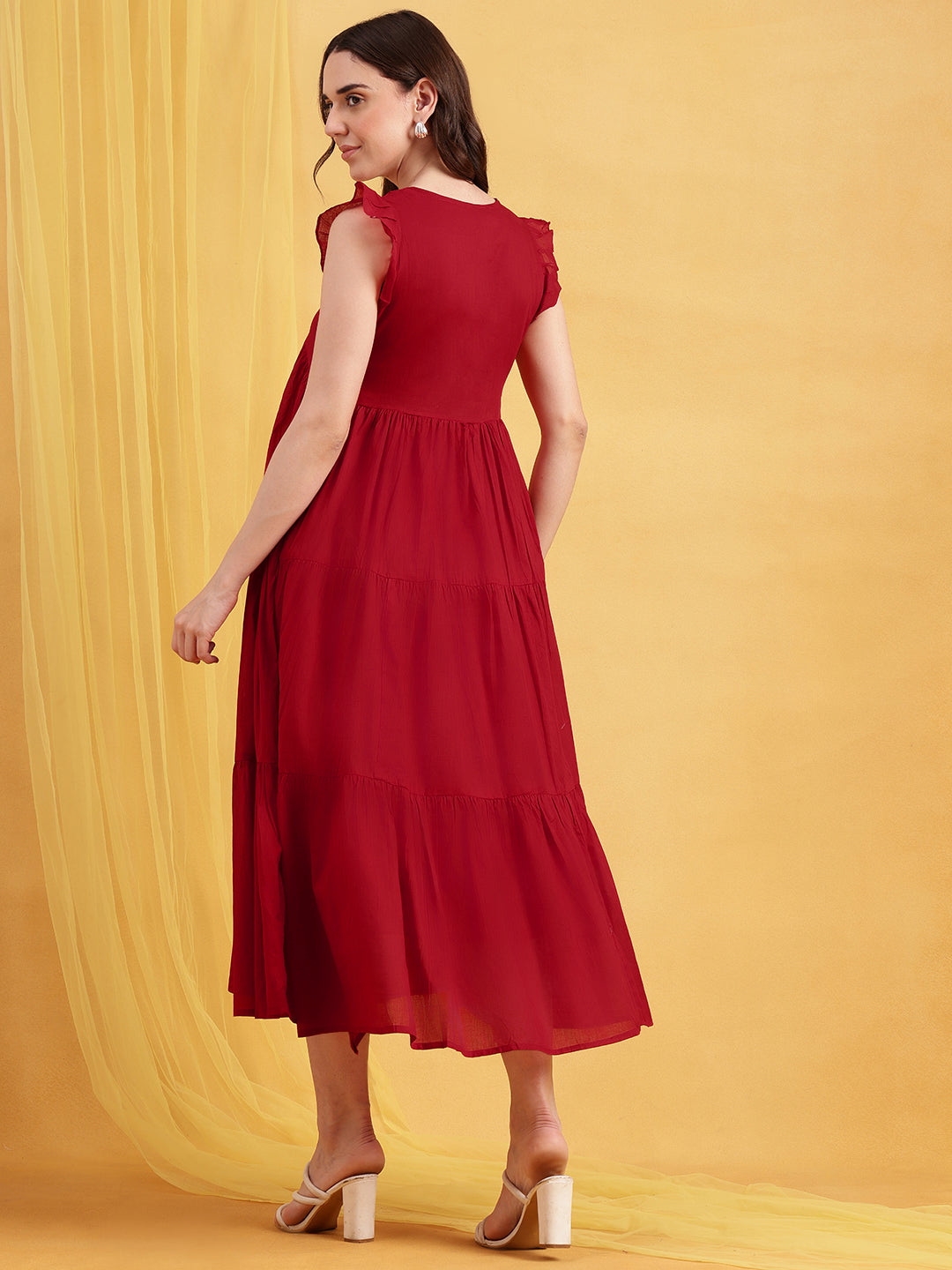 Red Solid Anarakali Cotton Stitched Dress