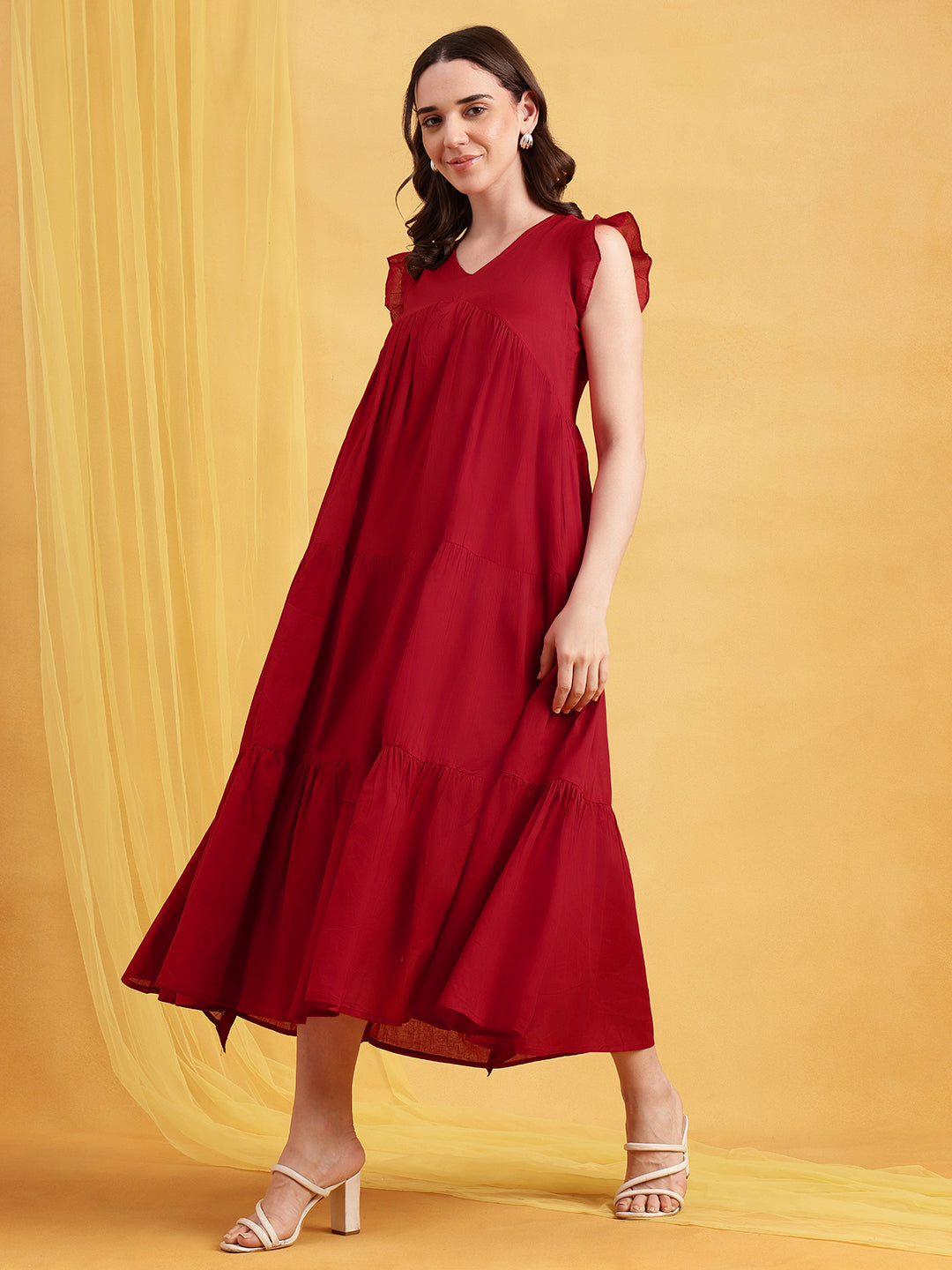 Red Solid Anarakali Cotton Stitched Dress