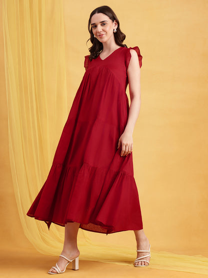 Red Solid Anarakali Cotton Stitched Dress