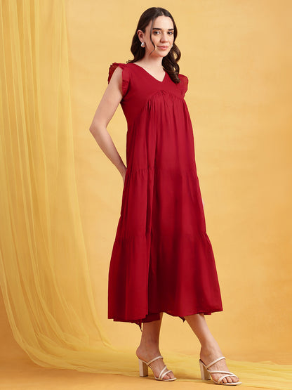 Red Solid Anarakali Cotton Stitched Dress