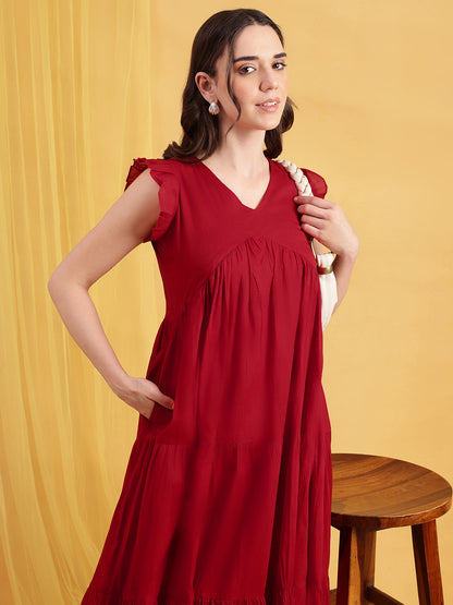 Red Solid Anarakali Cotton Stitched Dress