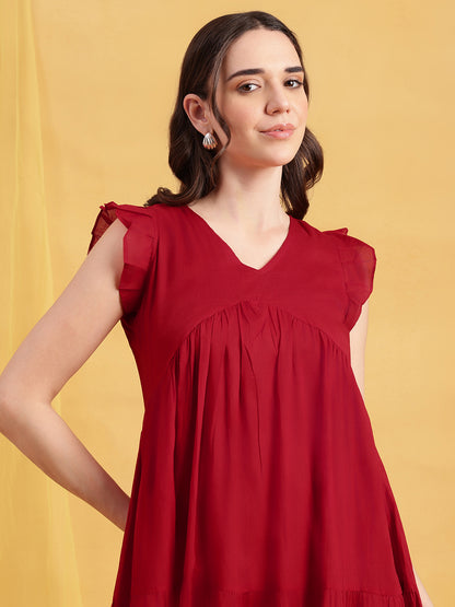 Red Solid Anarakali Cotton Stitched Dress
