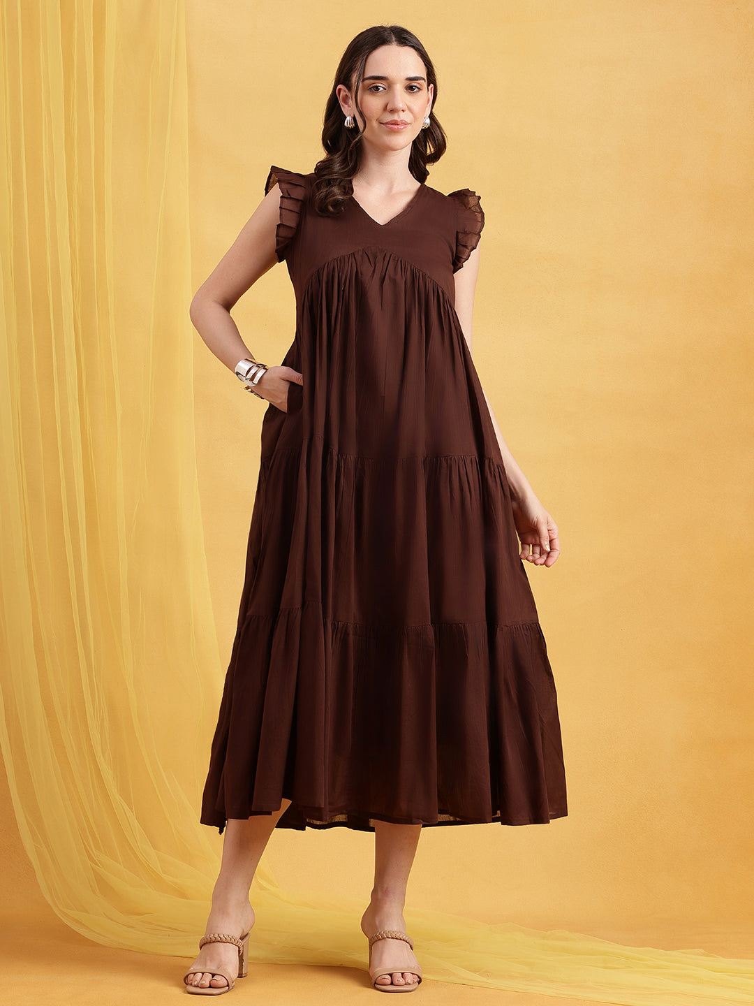 Coffee Solid Anarakali Cotton Stitched Dress