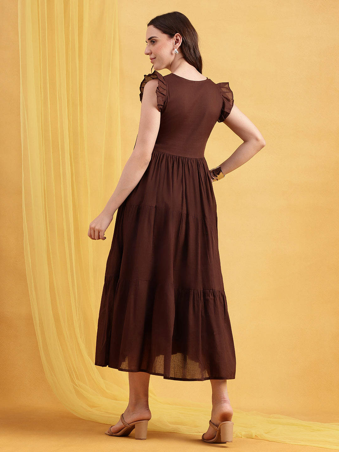 Coffee Solid Anarakali Cotton Stitched Dress
