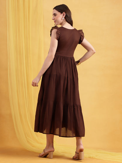 Coffee Solid Anarakali Cotton Stitched Dress