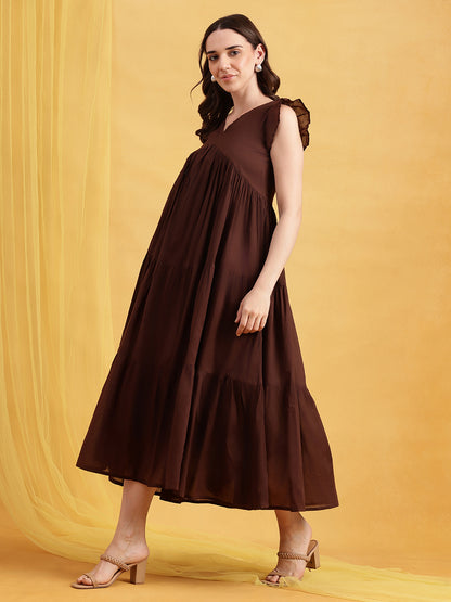 Coffee Solid Anarakali Cotton Stitched Dress