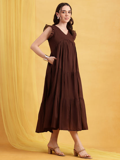 Coffee Solid Anarakali Cotton Stitched Dress