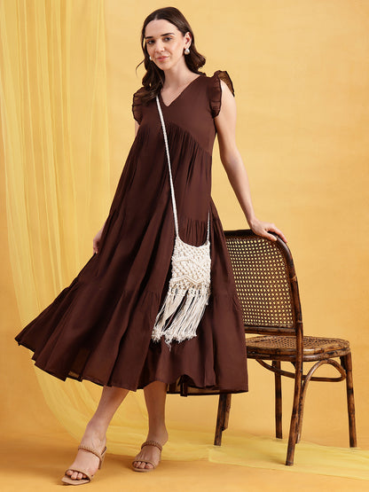 Coffee Solid Anarakali Cotton Stitched Dress