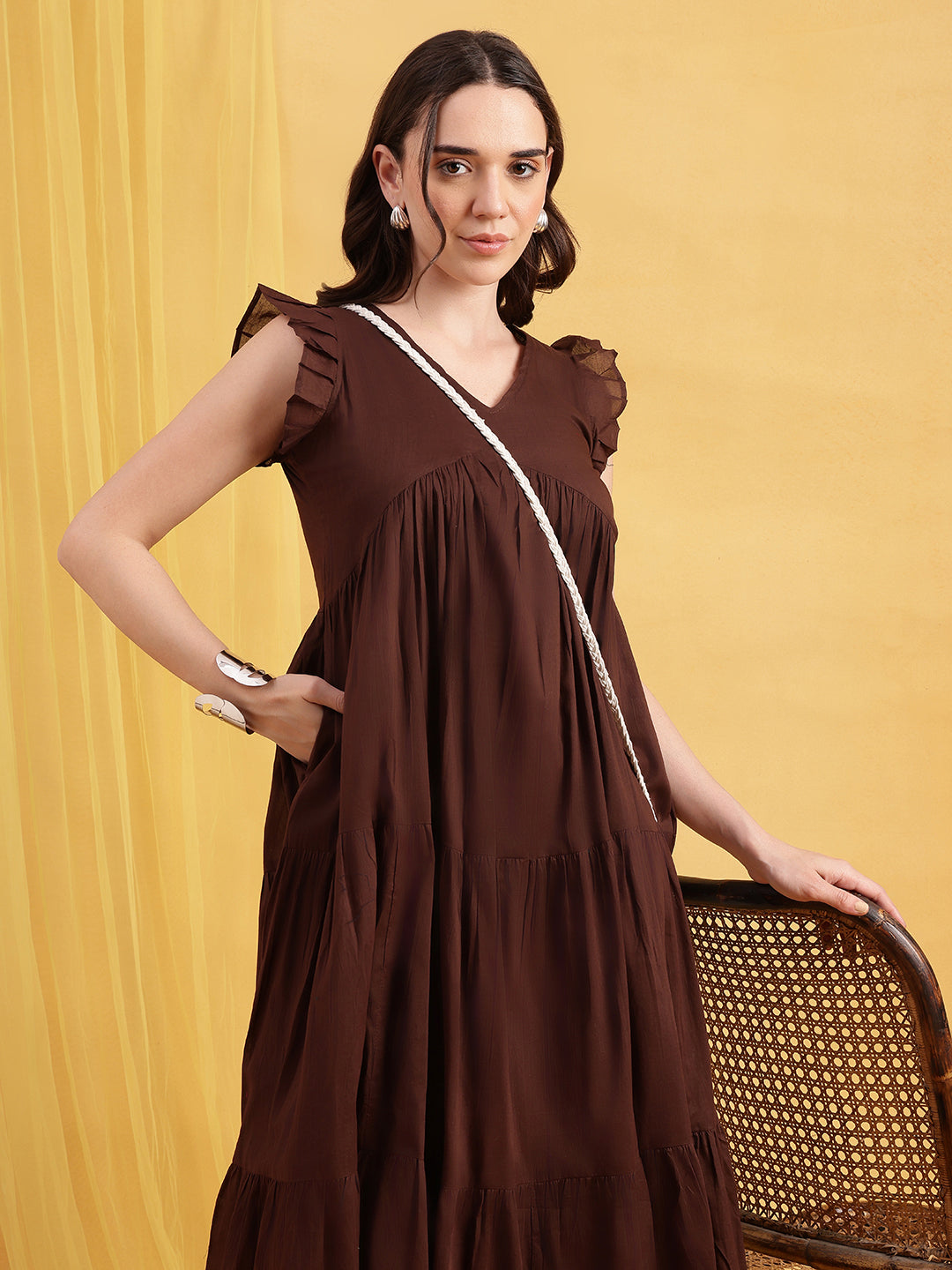 Coffee Solid Anarakali Cotton Stitched Dress