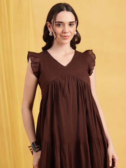 Coffee Solid Anarakali Cotton Stitched Dress