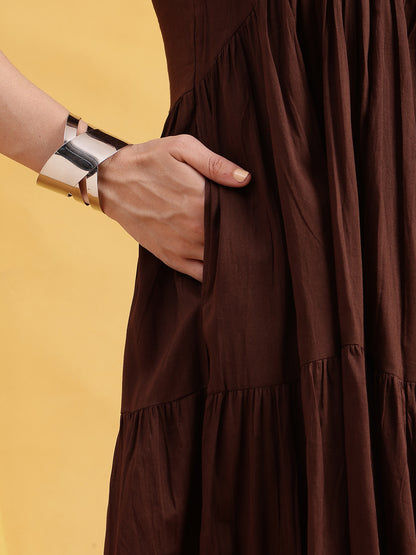 Coffee Solid Anarakali Cotton Stitched Dress