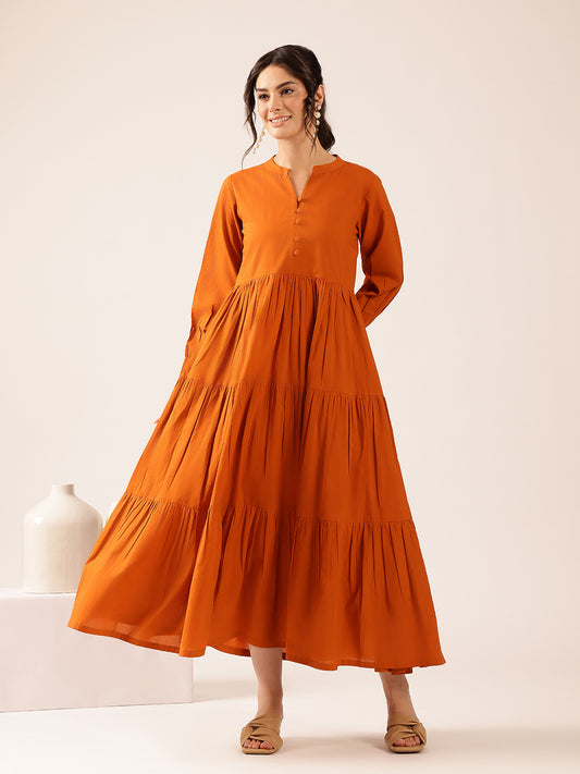 Rust  Solid Flared  Cotton Stitched Dress