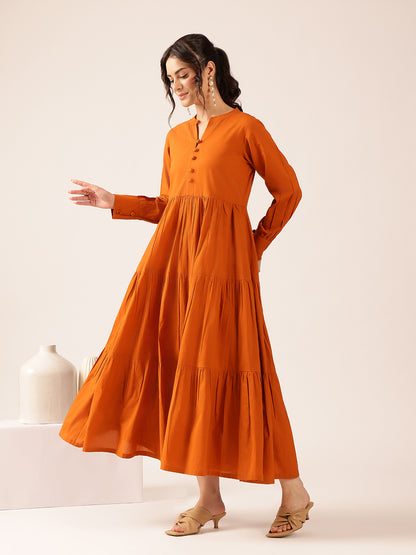 Rust  Solid Flared  Cotton Stitched Dress
