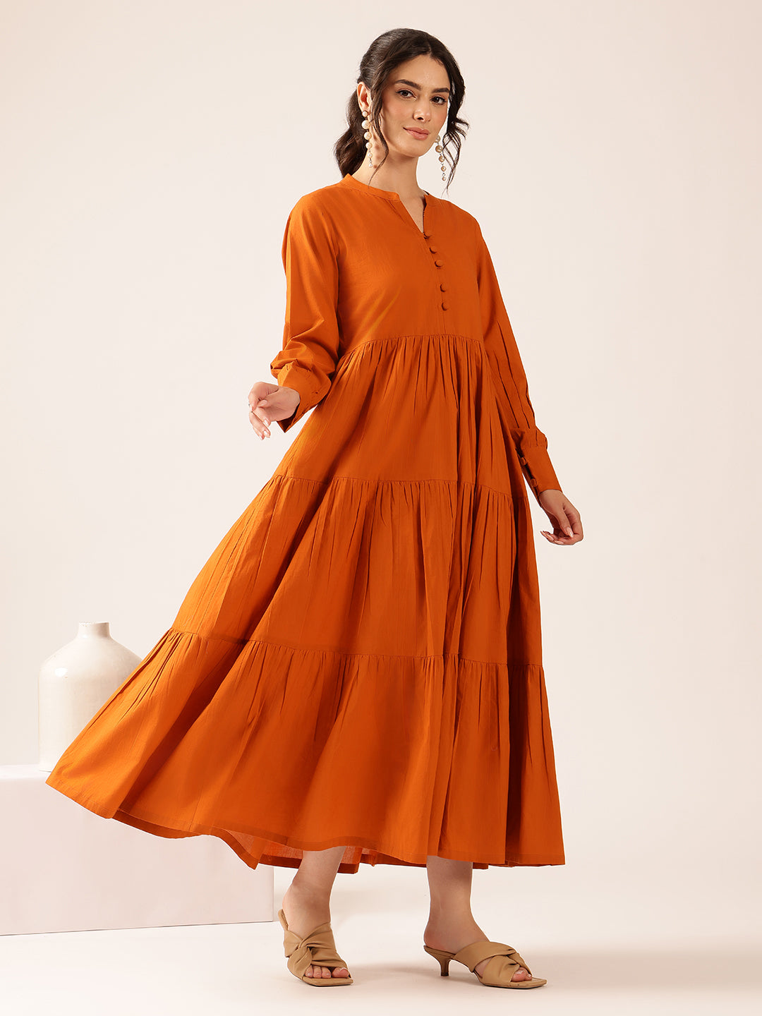 Rust  Solid Flared  Cotton Stitched Dress