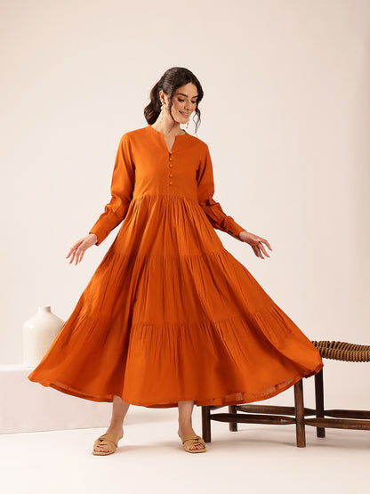 Rust  Solid Flared  Cotton Stitched Dress