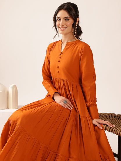 Rust  Solid Flared  Cotton Stitched Dress