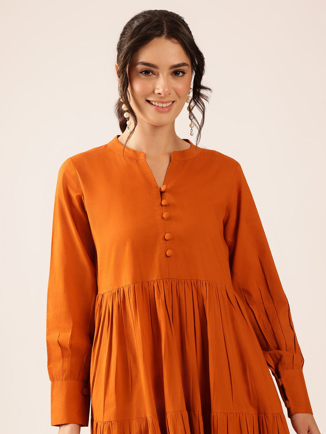 Rust  Solid Flared  Cotton Stitched Dress