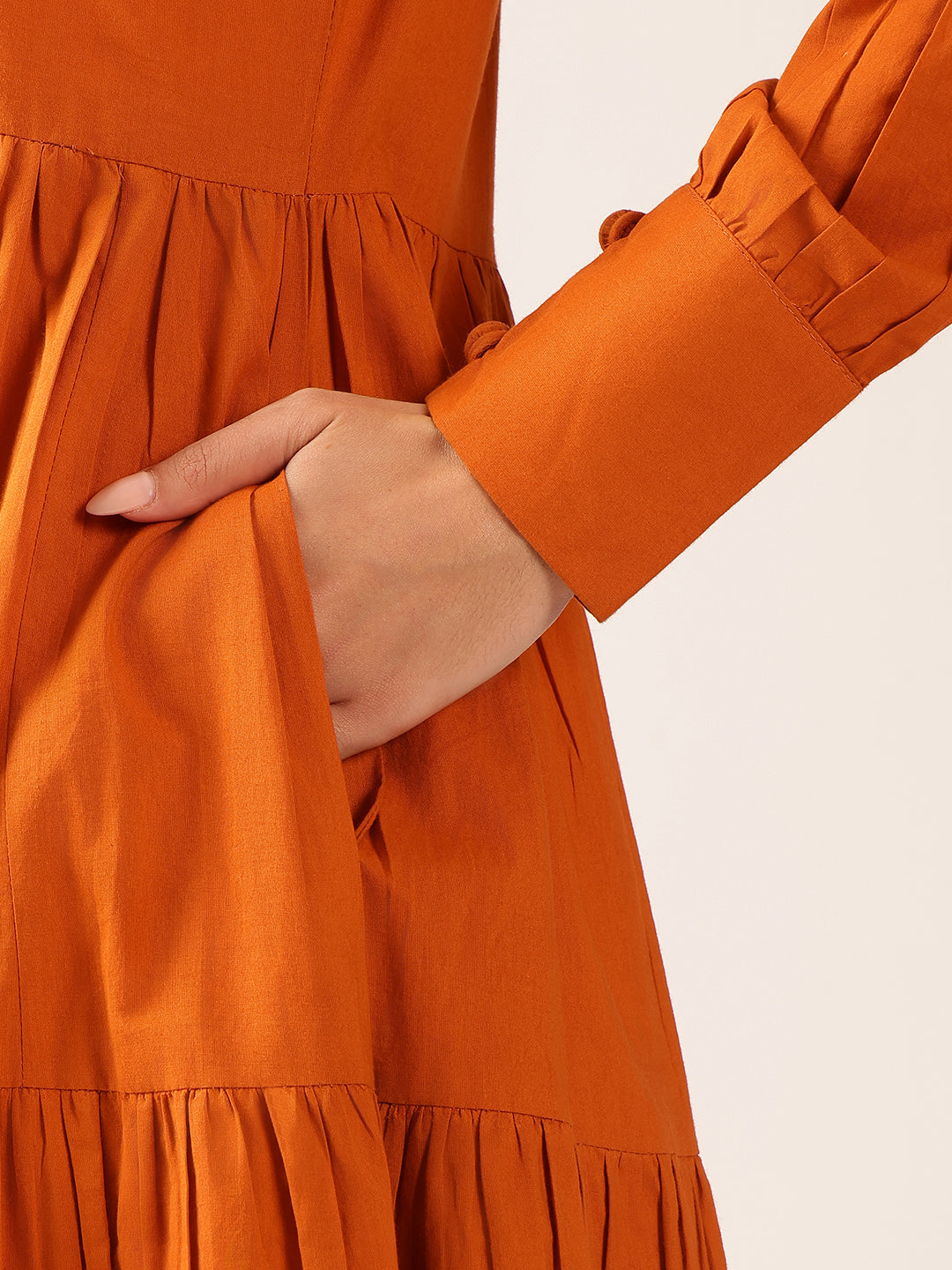 Rust  Solid Flared  Cotton Stitched Dress