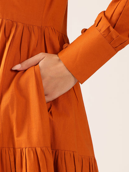 Rust  Solid Flared  Cotton Stitched Dress