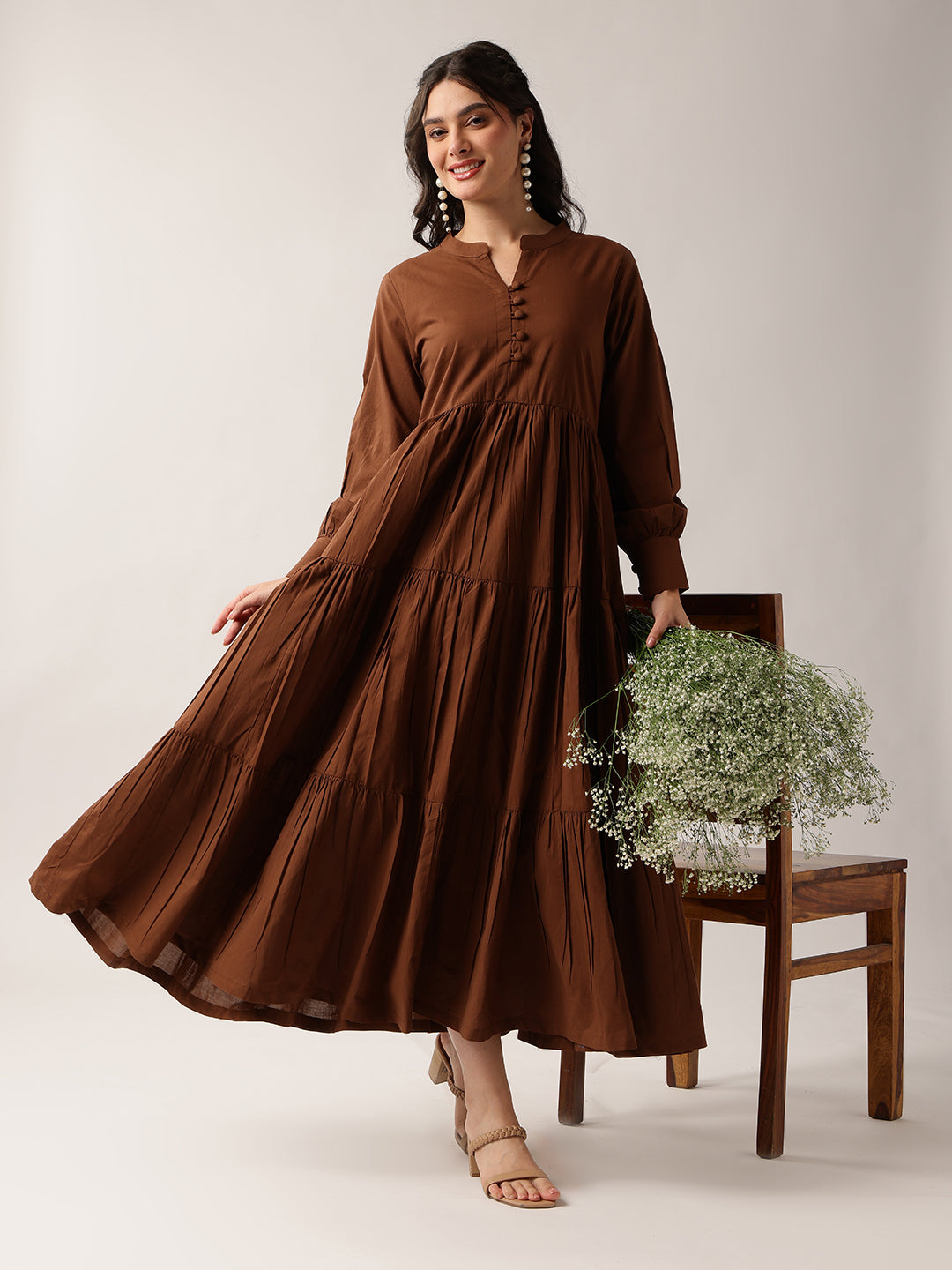 Coffee Solid Flared Cotton Dress