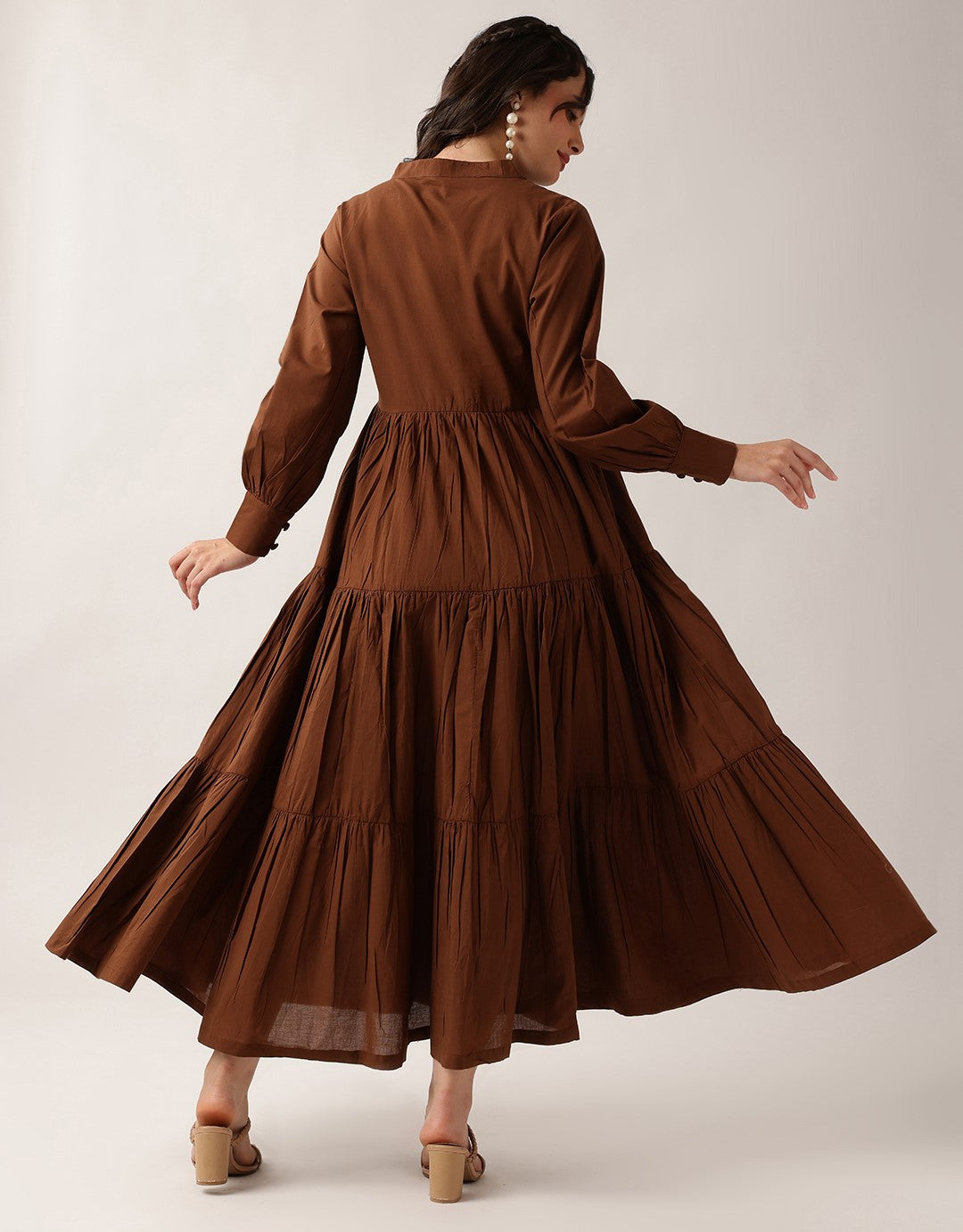 Coffee Solid Flared Cotton Dress