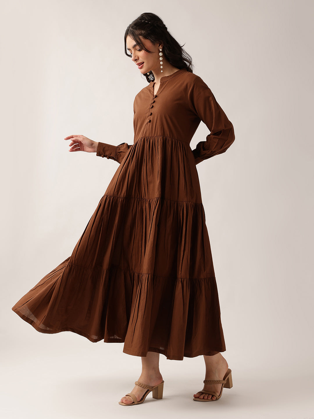 Coffee Solid Flared Cotton Dress