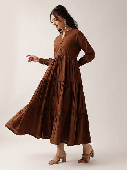 Coffee Solid Flared Cotton Dress
